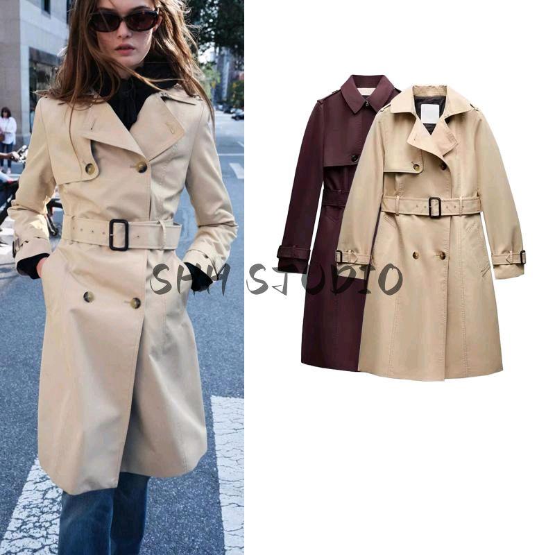 Spring New Women's Clothing French Retro Double Breasted Buckle Decoration Long-Sleeved Lapel Coat Outwear 0518252