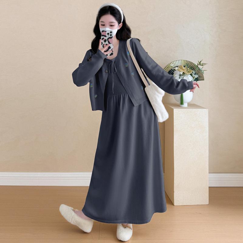 New Korean Embroidered Knit Cardigan & Camisole Dress Maternity Set L