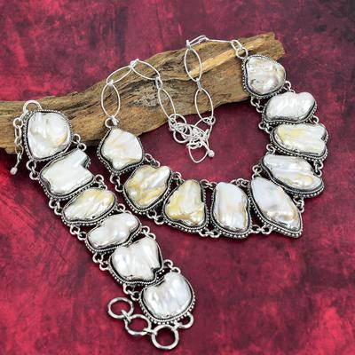 Blister Biwa Pearl Gemstone 925 Solid Sterling Silver Jewelry Bracelet & Necklace Jewelry Set For Her, Beauteous Handmade Set Jewelry For Women