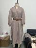 European and American Women's V-Neck Striped Belt Shirt Dress - Autumn 2025 Fashion