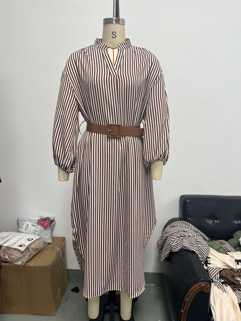 European and American Women's V-Neck Striped Belt Shirt Dress - Autumn 2025 Fashion