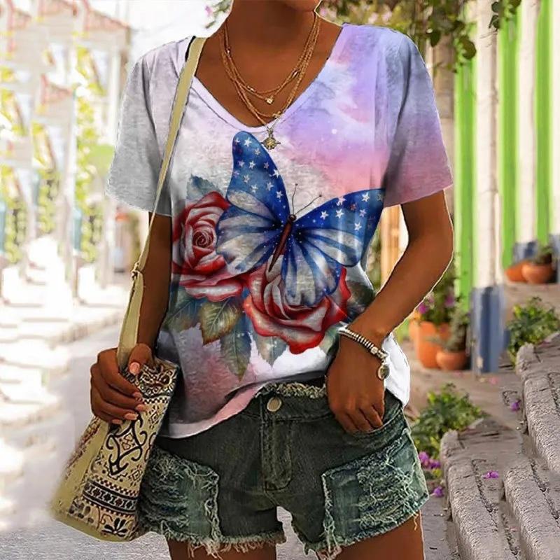 Summer V-neck 3D Flower Butterfly Printed Top Fashionable Casual Short Sleeved Women's T-shirts
