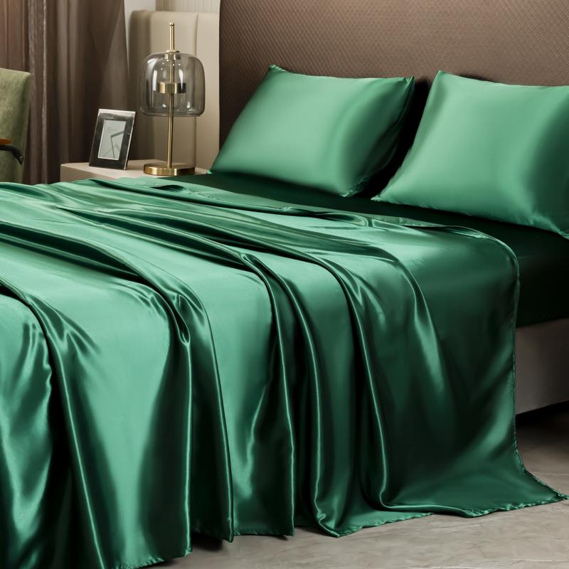 Opulent Solid Color Satin Bedding Set,Includes Flat Sheet, Fitted Sheet, Pillowcases,Luxury Linens for a Royal Sleep Experience