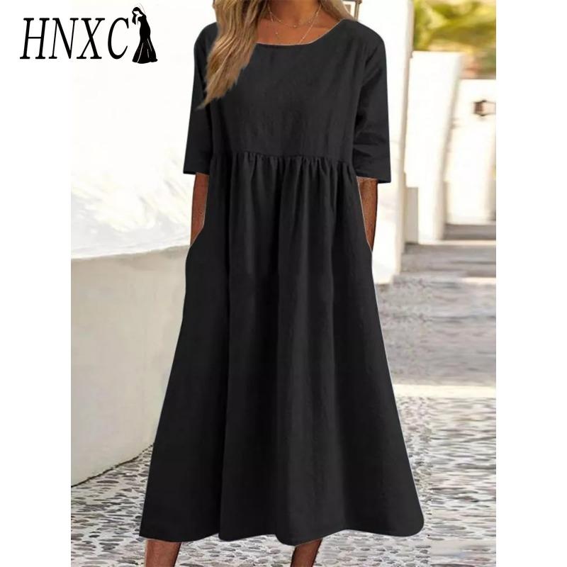 HNXC Women's Fashion Summer Spring Solid Color Print Short Sleeve O-Neck High Waist Casual Dresses