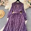 Nieuwe Dames V-hals Paars Kant Christams Feestjurken Vintage Lange Mouw Mid-kalf Jurk Met Riem