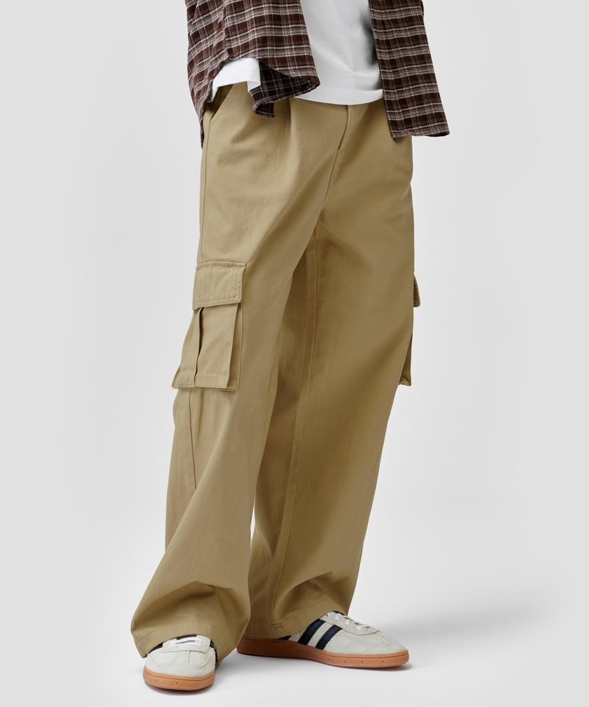AGOD Wide Big Pocket Cotton Cargo Elastic Pants [Beige]