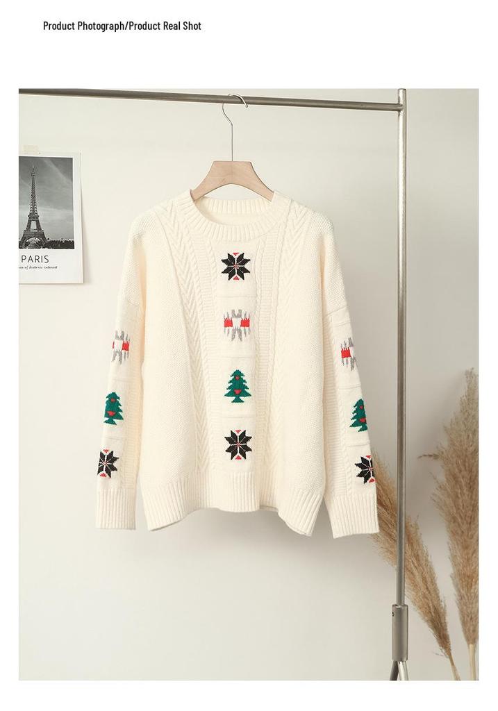 Bai Lu Style European Fashion White Jacquard Loose Knit Sweater for Women, Long Sleeve, Spring