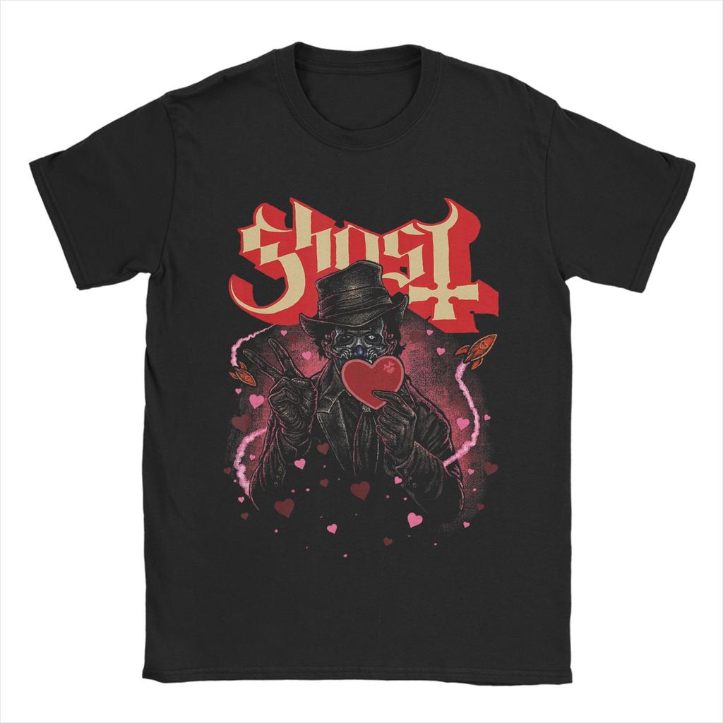 Ghost Band Valentines Day Flower Heart Skull TShirts for Men Awesome Cotton Tees Round Collar Short Sleeve T Shirt Tops