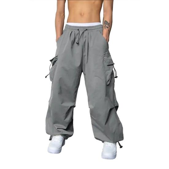 Men Baggy Cargo Pants Solid Color Parachute Pants Loose Fit Jogger Trousers with Side Pockets for Street Outdoor Sports