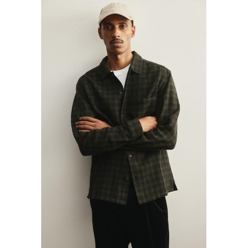 H M Cotton sHirt Regular Fit Dark Green cHeck