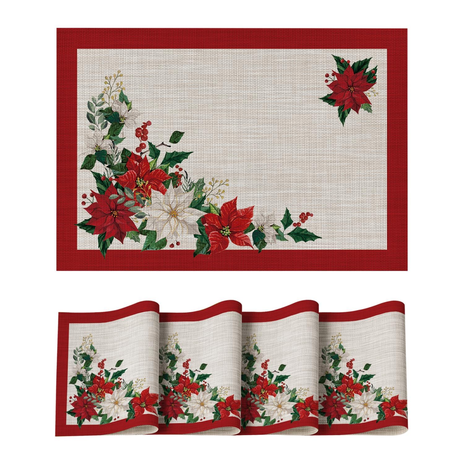 

Poinsettia Christmas Vinyl Winter Placemats Set of 4, 12x18 Inch Washable Plastic Non-Slip Woven Winter Table Mats for Party Kitchen Dining Decor 12 x 18 , Rectangular 4 Pcs