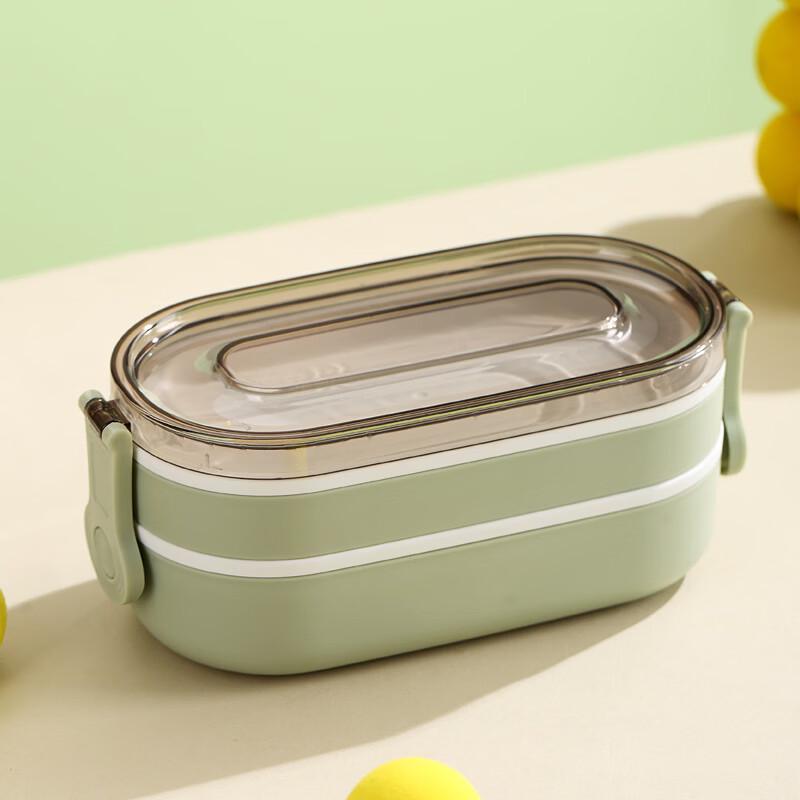 Portable Double-Layer Plastic Lunch Box with Cutlery