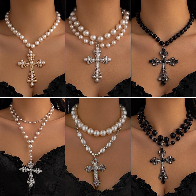 1/2 Stücke Perlenkreuz Halskette Großes Kreuz Anhänger Halsketten Für Frauen Klobige Perlenkette Gothic Punk Vintage Kreuz Halskette