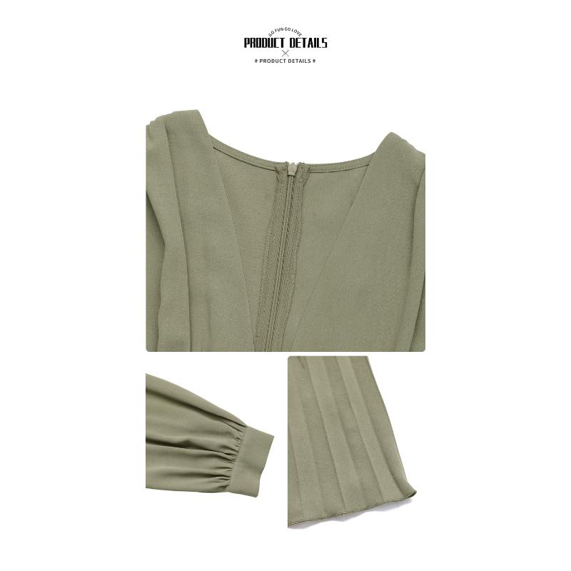 New Autumn Retro Style V-neck Long Sleeve Solid Color Pleated Temperament Women's Dress