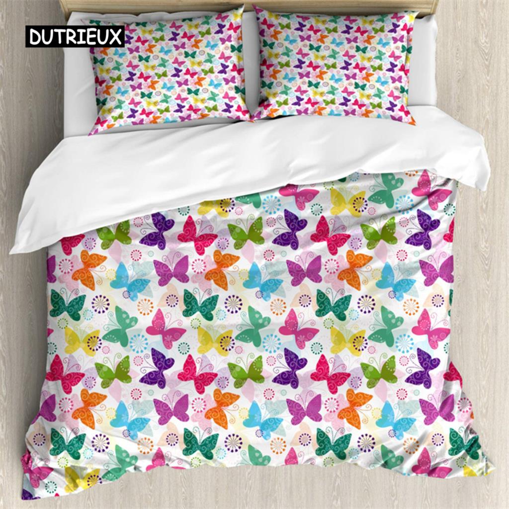 Butterfly Duvet Cover Romantic Spring Theme Bedding Set Colorful Flying Butterflies Quilt Cover Twin Full For Girls Teen Deocr