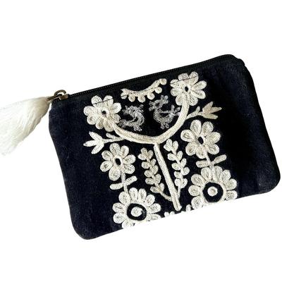 Vivienne Handgefertigte Samt-Bestickte Kleinteile-Tasche, 16,5 x 11 cm, Schwarz, 80200PH
