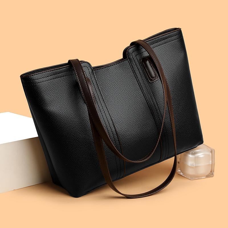 Simple Modern Tote Beige Color-Blocked Lychee Pattern Tote Bag Minimalist Design Comfortable for Daily Essentials