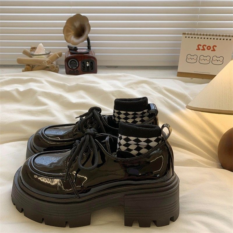 Thick Heel Heightened Platform Small Leather Shoes Women's Spring and Summer New Retro Versatile Lace-up Single Shoes