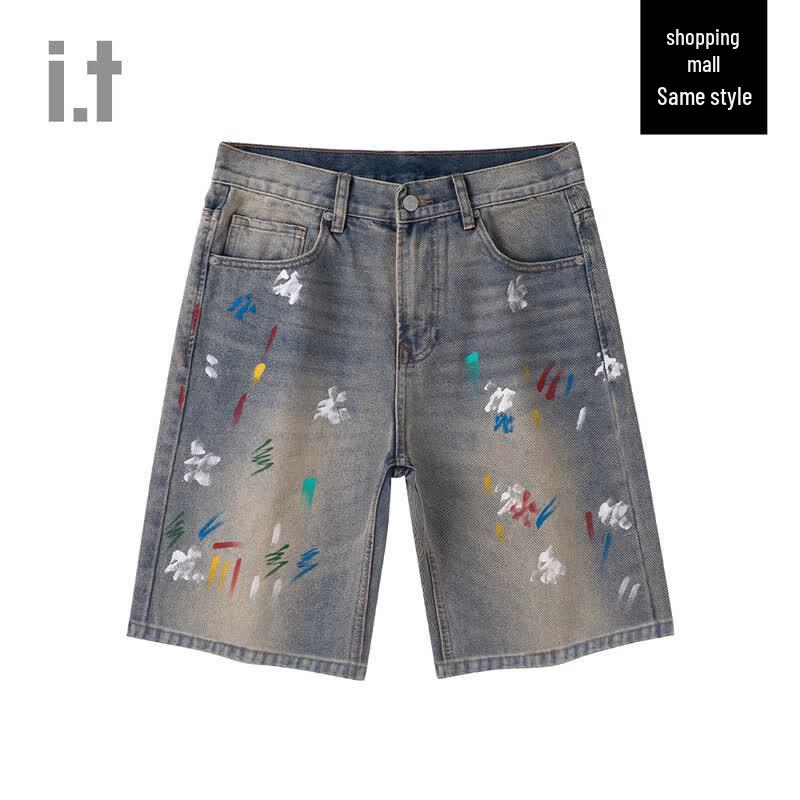 Unisex Amerikanische High Street Abgenutzte Graffiti-Jeansshorts