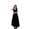 Hepburn Style Black Sleeveless Dress for Women's Summer Waist and Thin Temperament Elegant V-neck Pendulum Medium and Long Small Black Dress