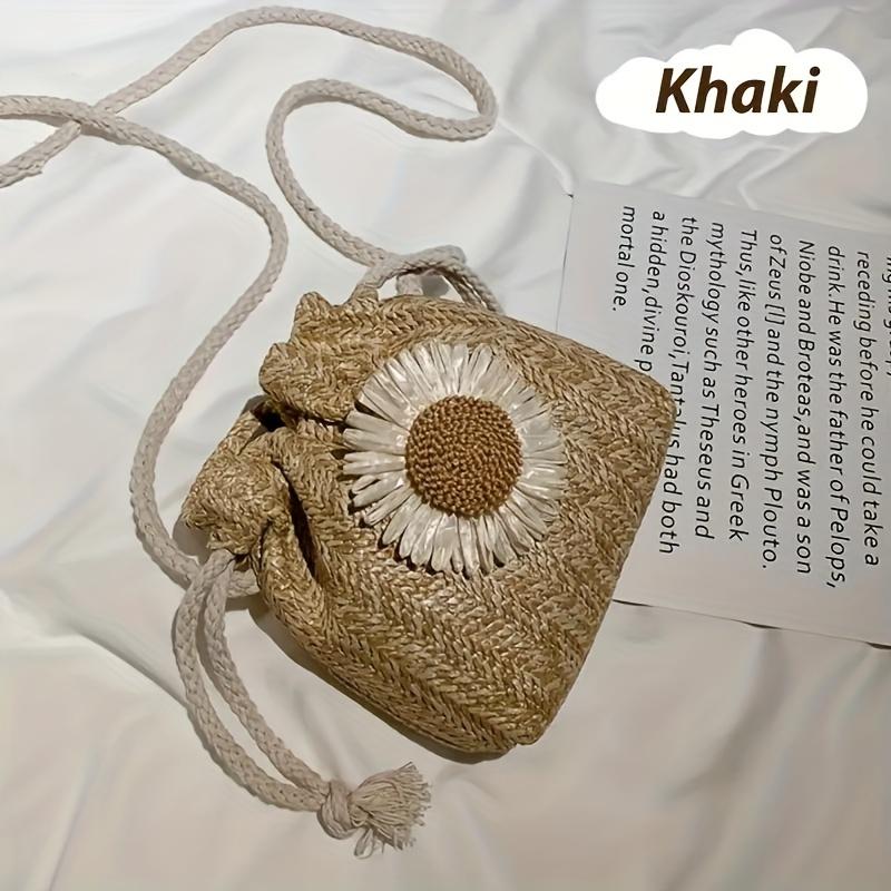 

1 шт. Летняя соломенная шикарная женская сумка-ведро на кулиске из полиэстера через плечо с вышивкой подсолнуха, Повседневная сумка с цветочной вышивкой