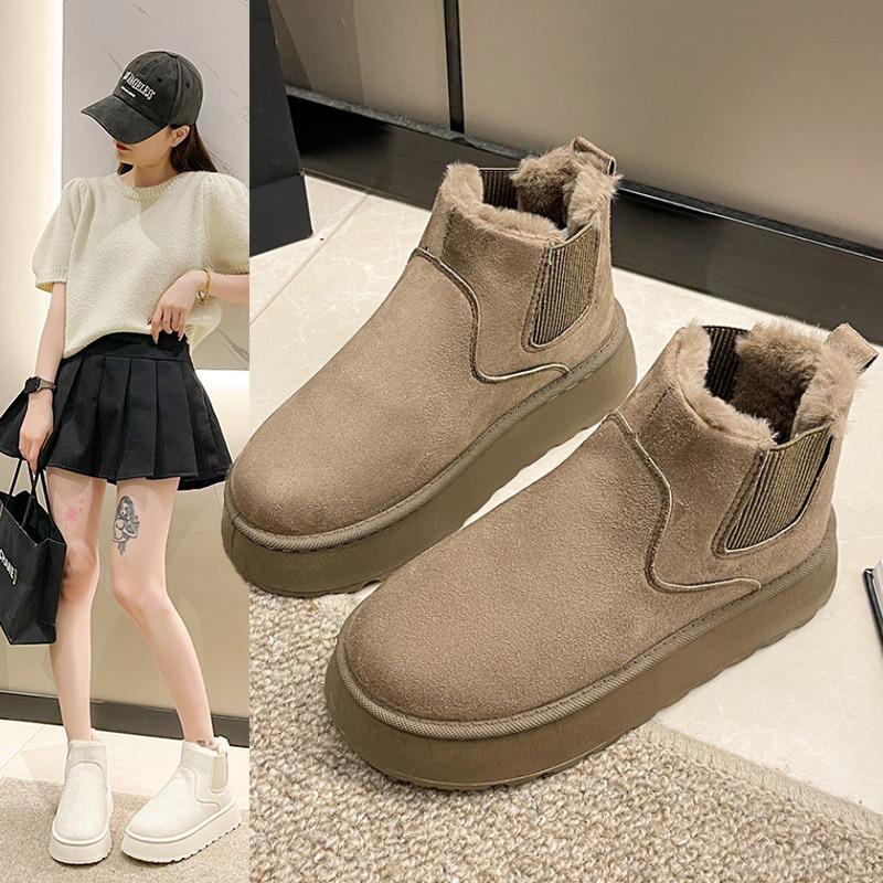 Snow Boots Women's Winter Warm Large Size Cotton Shoes Women's Winter New Solid Color Elastic Band Flat Bottom Short Cotton Boots