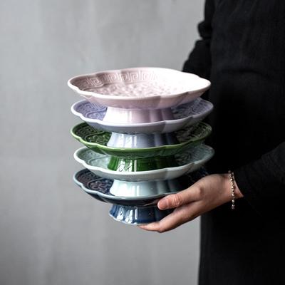 Ceramic Chinese Retro High Foot Snack Plate Fruit Plate Creative Antique Plate