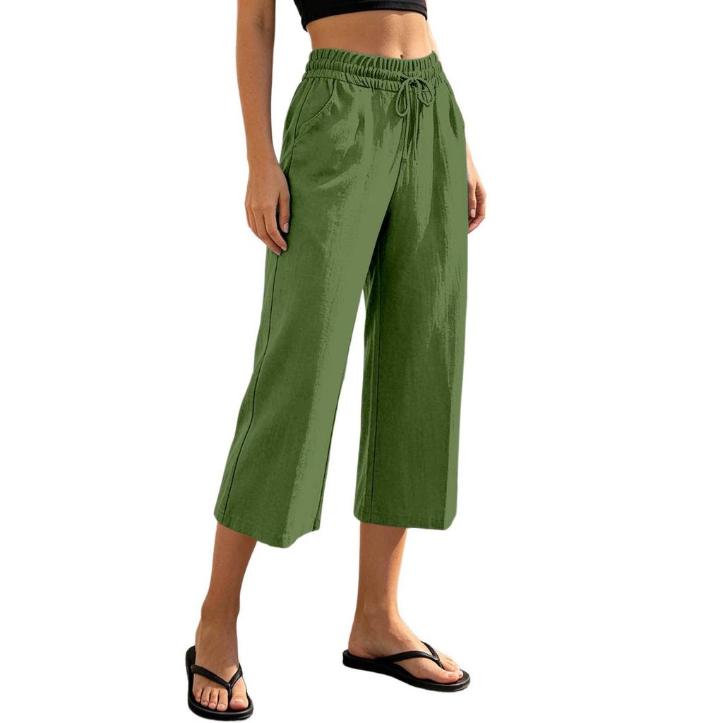 Women Drawstring Waist Loose Fit Cotton Linen Cropped Pants with Back Pocket Relaxed Fit Casual Seven Eighths Trousers for Daily Wear