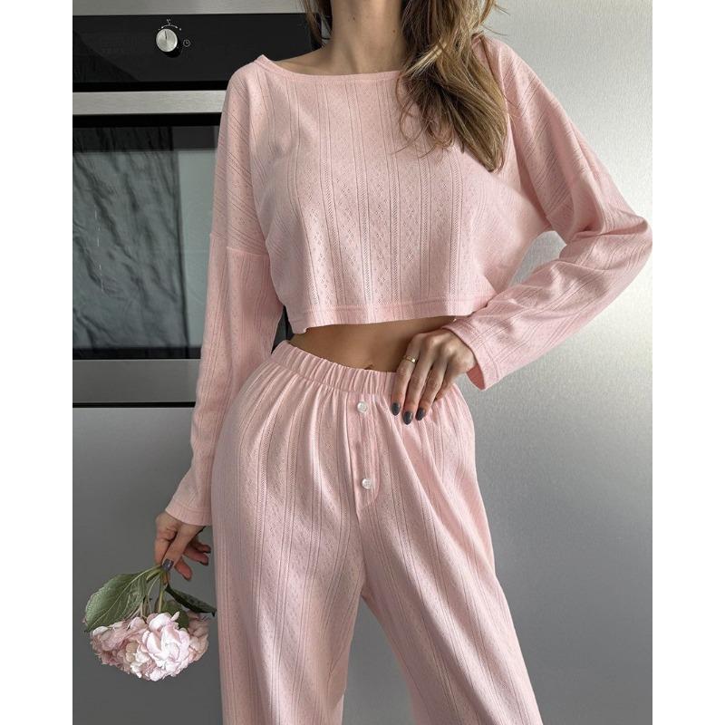 Women Comfortable Breathable Knitted Cropped Long Sleeve Long Pants Two Piece Sleepwear Loungewear