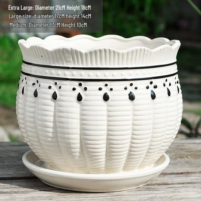 Nordic White Ceramic Flower Pot with Tray - Large & Extra Large for Pothos & Succulents