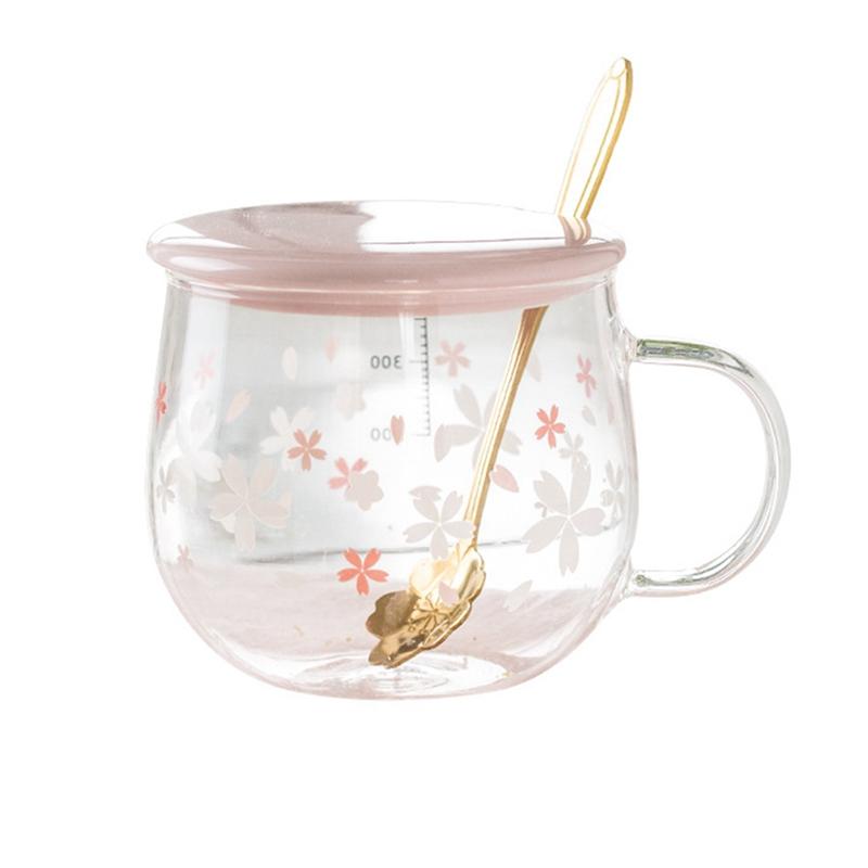 

400 мл креативная стеклянная кружка для кофе с изображением сакуры, симпатичная прозрачная термостойкая чашка для воды с ручкой и крышкой-ложкой
