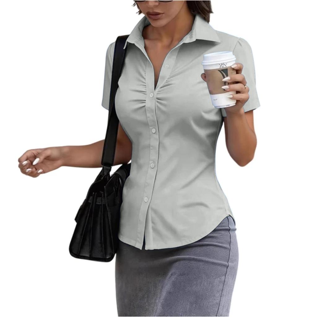Women's Short Sleeve Button Down Shirt Slim Fit Collared Blouse Office Workwear Casual Top with Ruched Front Design