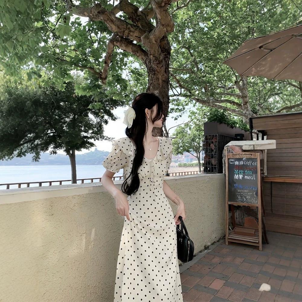 French Gentle White Polka Dot Dress Women's Summer New Lace-up Waist and Thin Temperament Seaside Vacation Dress