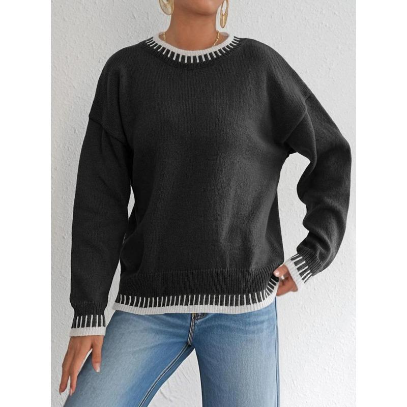 Women S Casual Loose Pullover Sweater Round Neck Long Sleeve Color Block