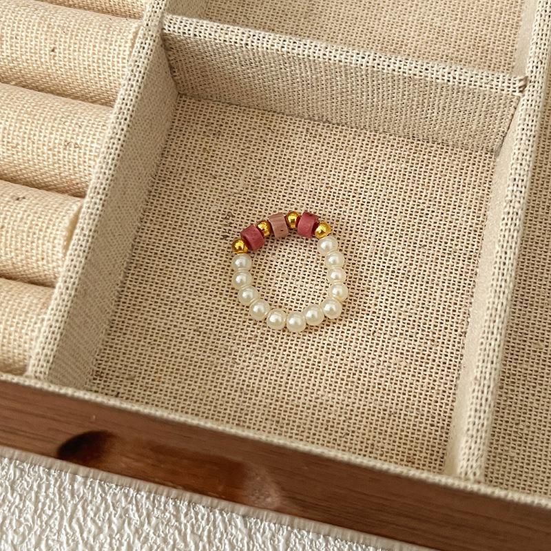 Pearl Beaded Ring Women's Elastic Rope Literary Stacking Index Finger Ring High-end Handmade Ring Jewelry