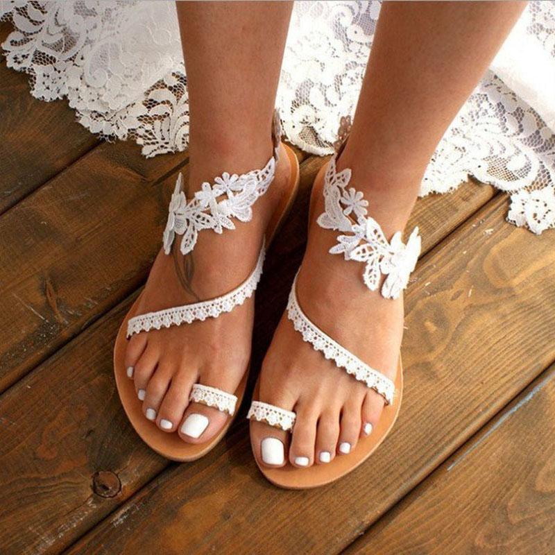 2025 Women Flat Shoes Summer New Lace Flower Sandals Open Toe Bresthable Flat Beach Shoes Women Floral Roman Slippers WSH3628-1