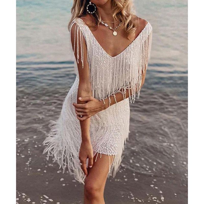 

European and American-Style V-neck Vest Tassel Performance for Birthday Party White 2(Bright Silk Tassel) M
