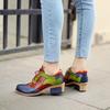 Johnature Pumps Women Shoes Spring Genuine Leather Round Toe Lace-up Mixed Colors Ethnic Casual Sewing Ladies Shoes