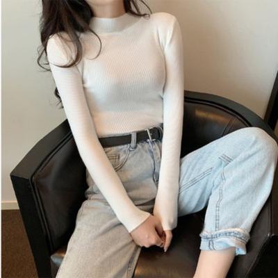 Herbst und Winter Neu Langärmliger Pullover Vielseitige Einfarbige Koreanischer Stil Halber Rollkragen Student Slim Strick-Unterhemd Tops für Damen