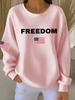 Women's Crew Neck Long Sleeve Ribbed Knit Loose Fit Minimalist Freedom USA Flag Graphic Pullover Sweatshirt