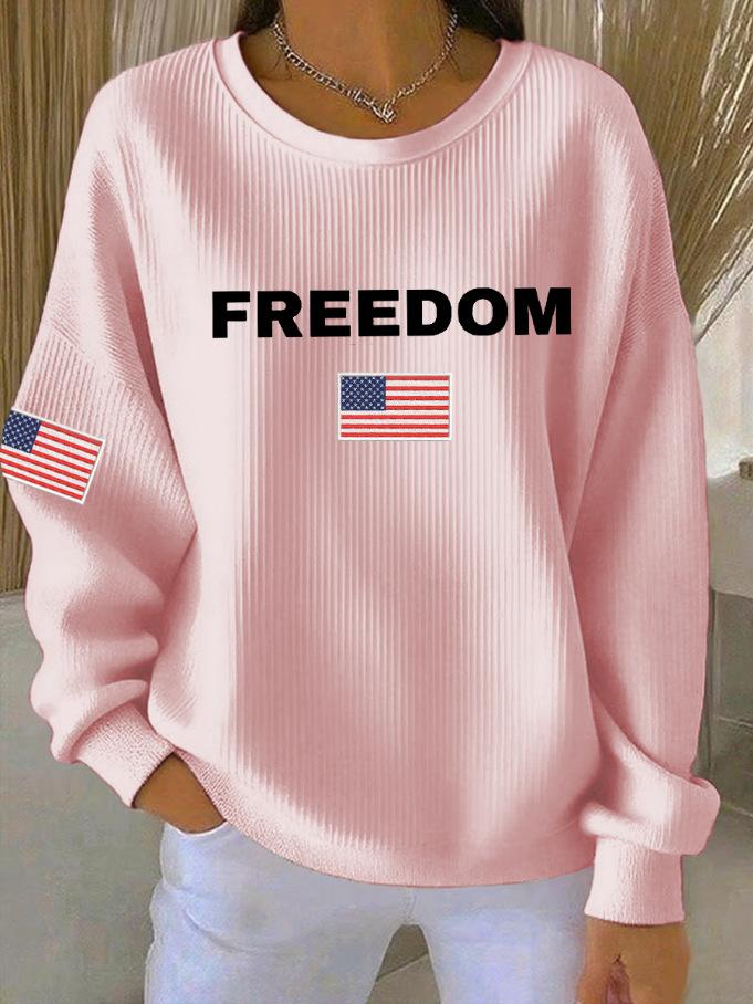 Women's Crew Neck Long Sleeve Ribbed Knit Loose Fit Minimalist Freedom USA Flag Graphic Pullover Sweatshirt