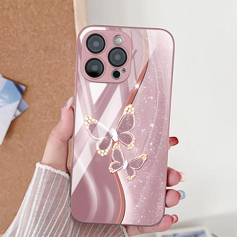 Tempered Glass Phone Case For iPhone 17 Pro Max 11 15 13 14 12 16 Pro Max 17 Air 16E SE 2022 7 8 Plus XR Elegant Butterfly Cover