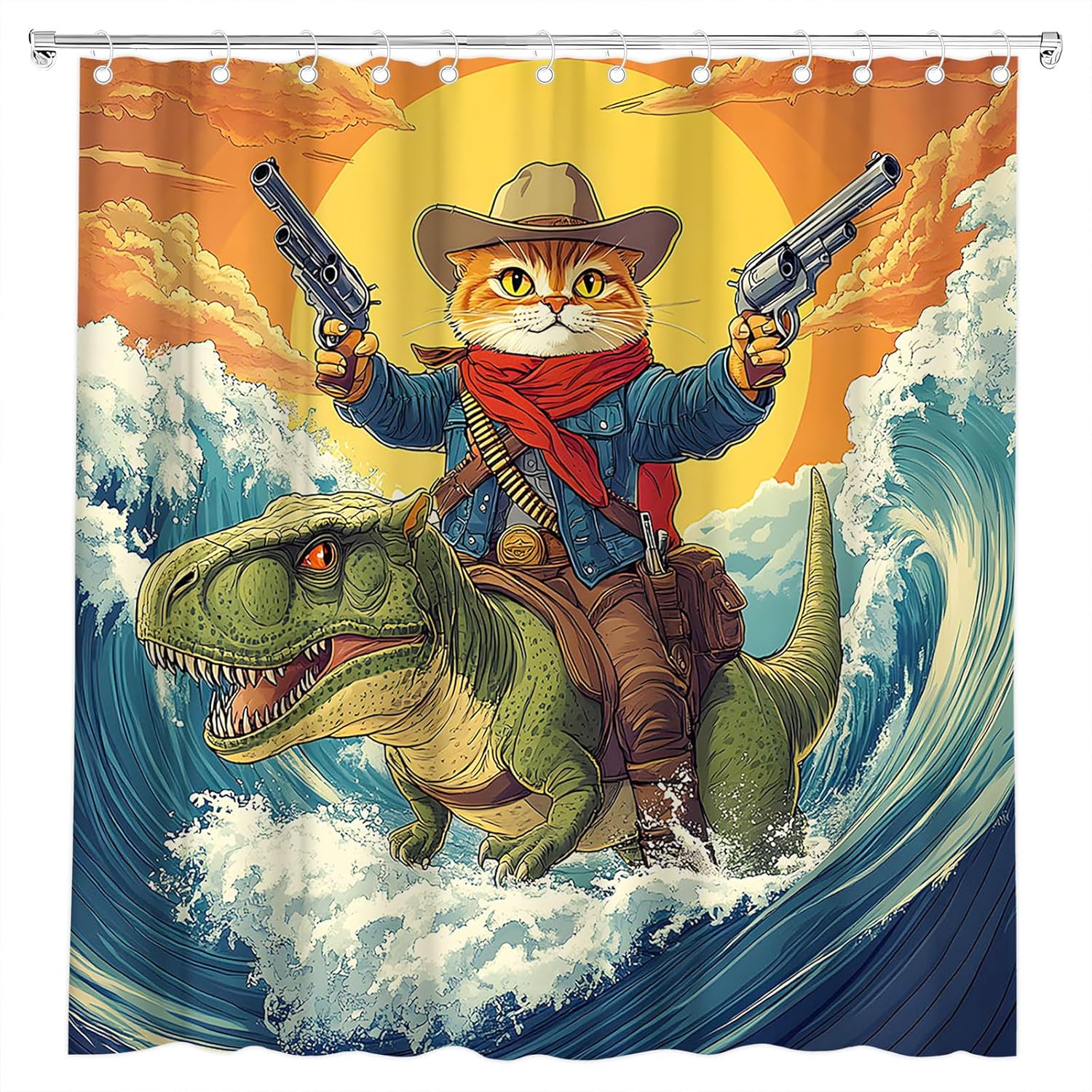 Funny Cat Shower Curtain Western Cowboy Cat Riding Dinosaur Ocean  Fun Fighting Hilarious Humor Men Cartoon Animal Bath Curtain 90x180CM