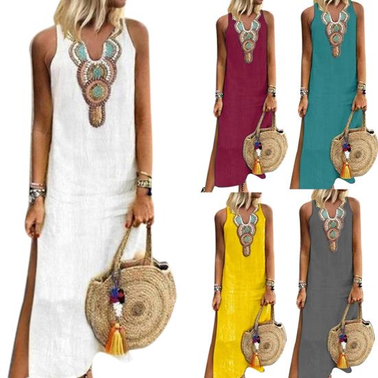 Yazlık Kadın Paisley Baskılı V Yaka Kolsuz Yırtmaçlı Maksi Keten Bol Kaftan Elbise