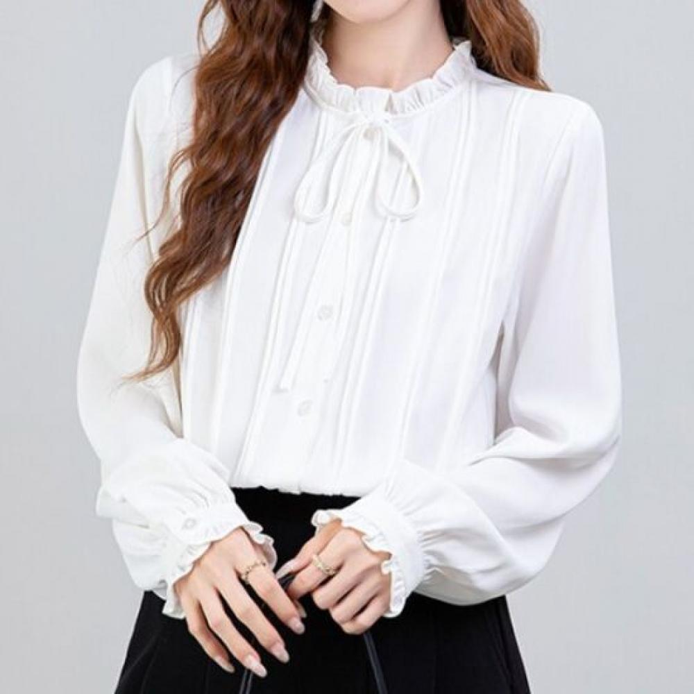 Navava Women Romantic Lovely Shirring Frill Ribbon Long Sleeve Blouse Nb3081