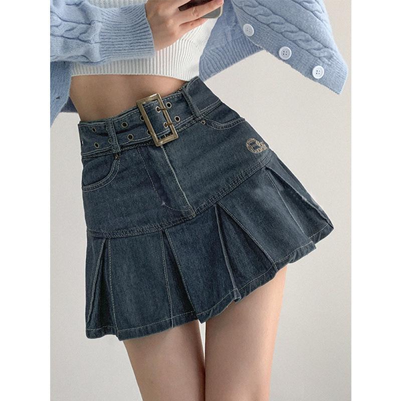 Summer Pleated Denim Skirt for Women - 2023 New High Waist A-Line Shorts Style