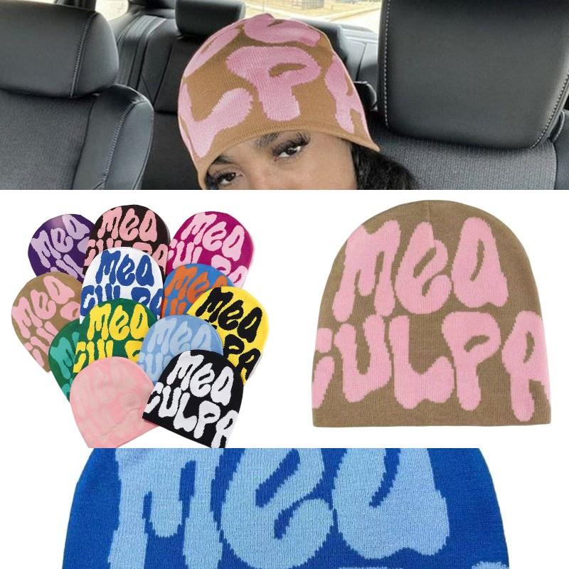 Mea Culpa Trendy Letter Print Beanies Knit  Hat Streetwear Cap Outfit Women Girl