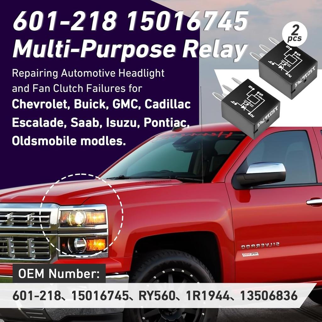 2 Pcs 601-218 15016745 Multi-Purpose Relay, 4-Pin Headlight Relay, Automatic, Automotive Accessory Power Relays, 10A Copper Normally Open Contacts