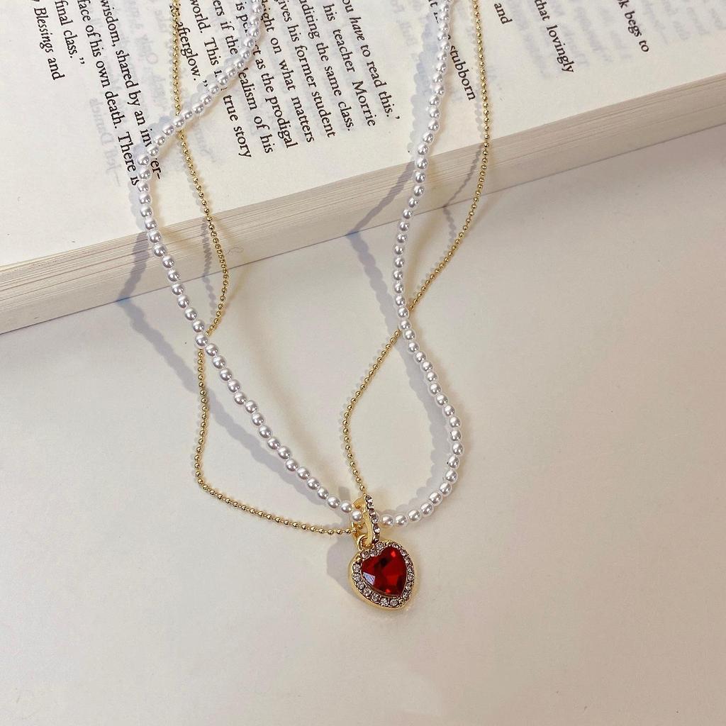 Double-Layer Heart Pearl Necklace - Women's Simple Niche French Choker
