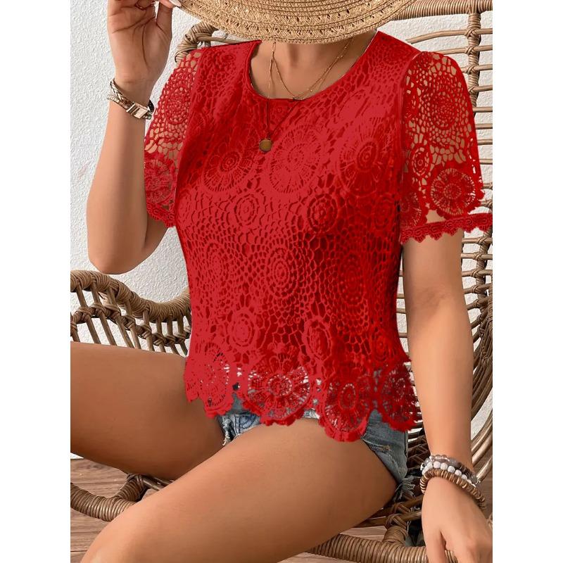 T-shirt Casual Elegante alla Moda Nuovi Stili Estivi con Scollo Tondo in Pizzo Aperta Davanti a Maniche Corte
